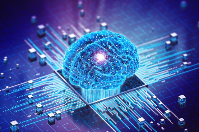 Ein Gehirn liegt auf einem Chip als Symbolbild für Künstliche Intelligenz